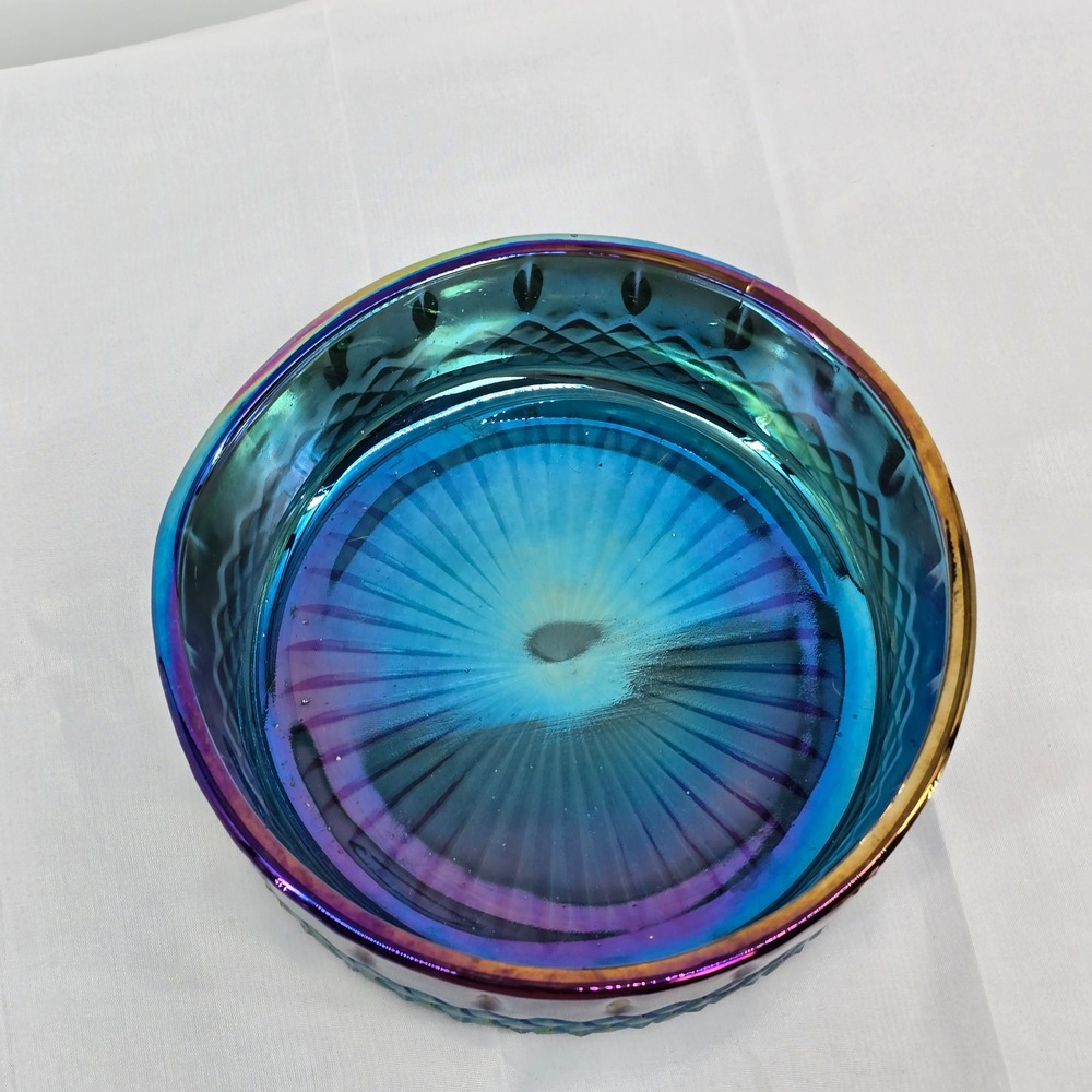 Vintage Iridescent Blue Carnival Glass Trinket Dish Lidded Candy Jar Oil Slick - Picture 3 of 9